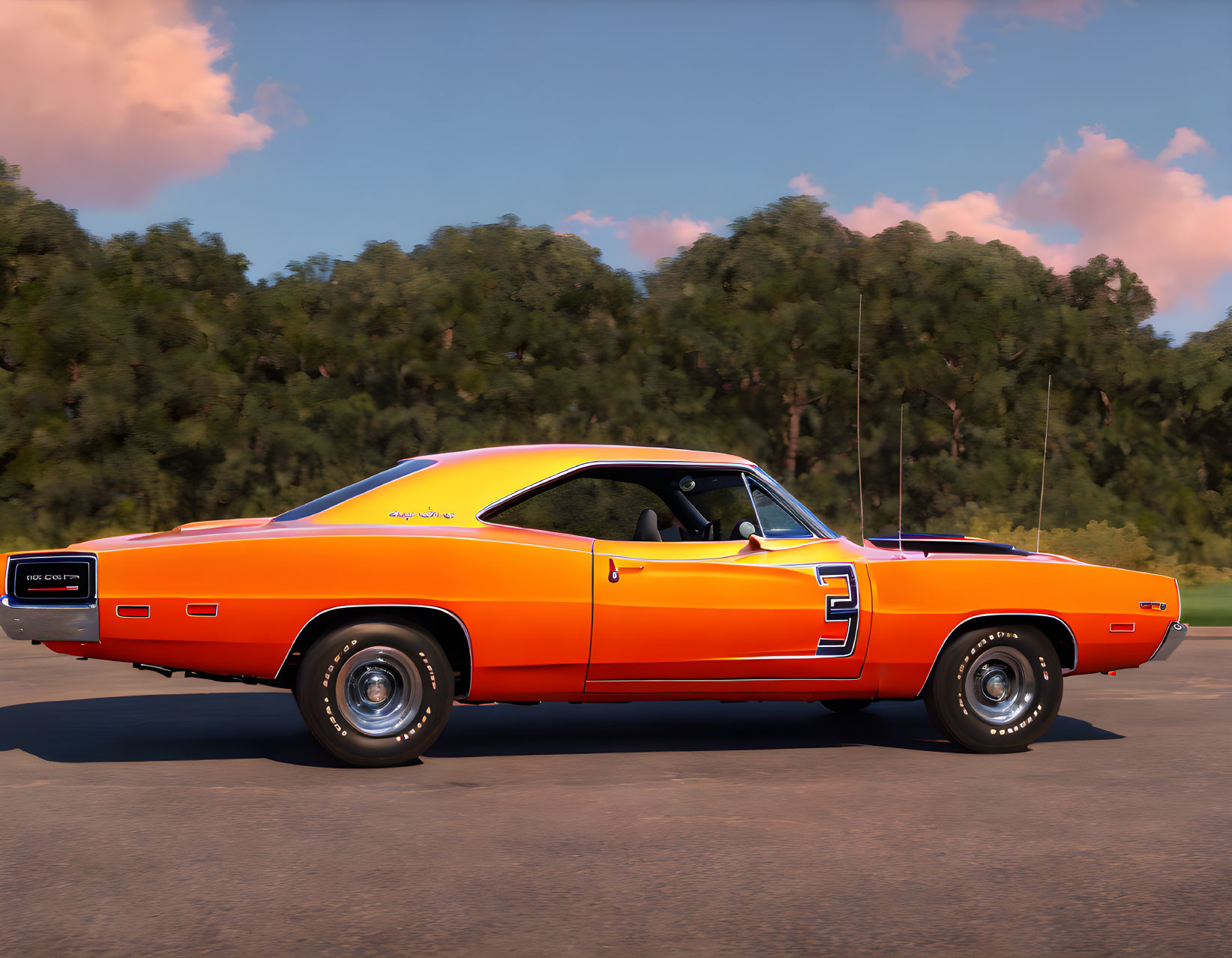 Classic Orange Muscle Car with Black Stripes Parked on Asphalt Road