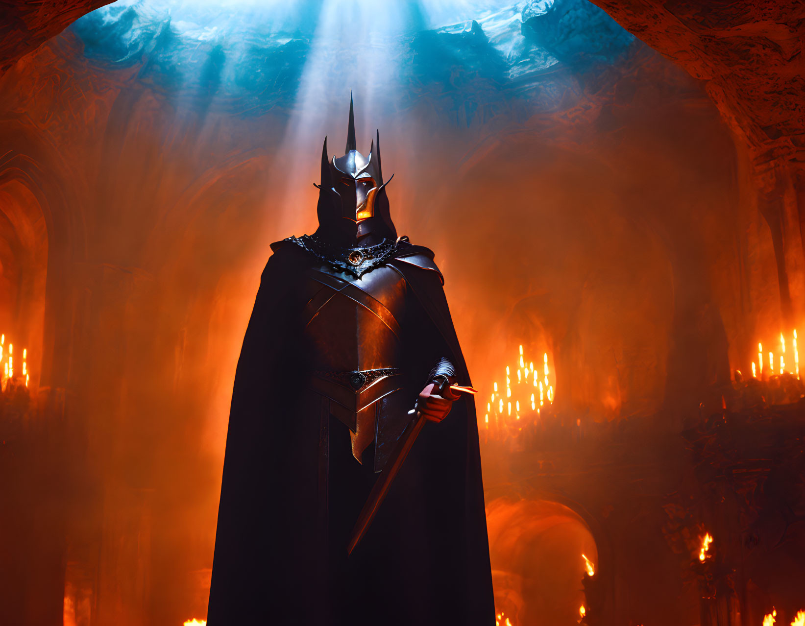 Dark figure in black armor and cape in candle-lit room with fiery backdrop