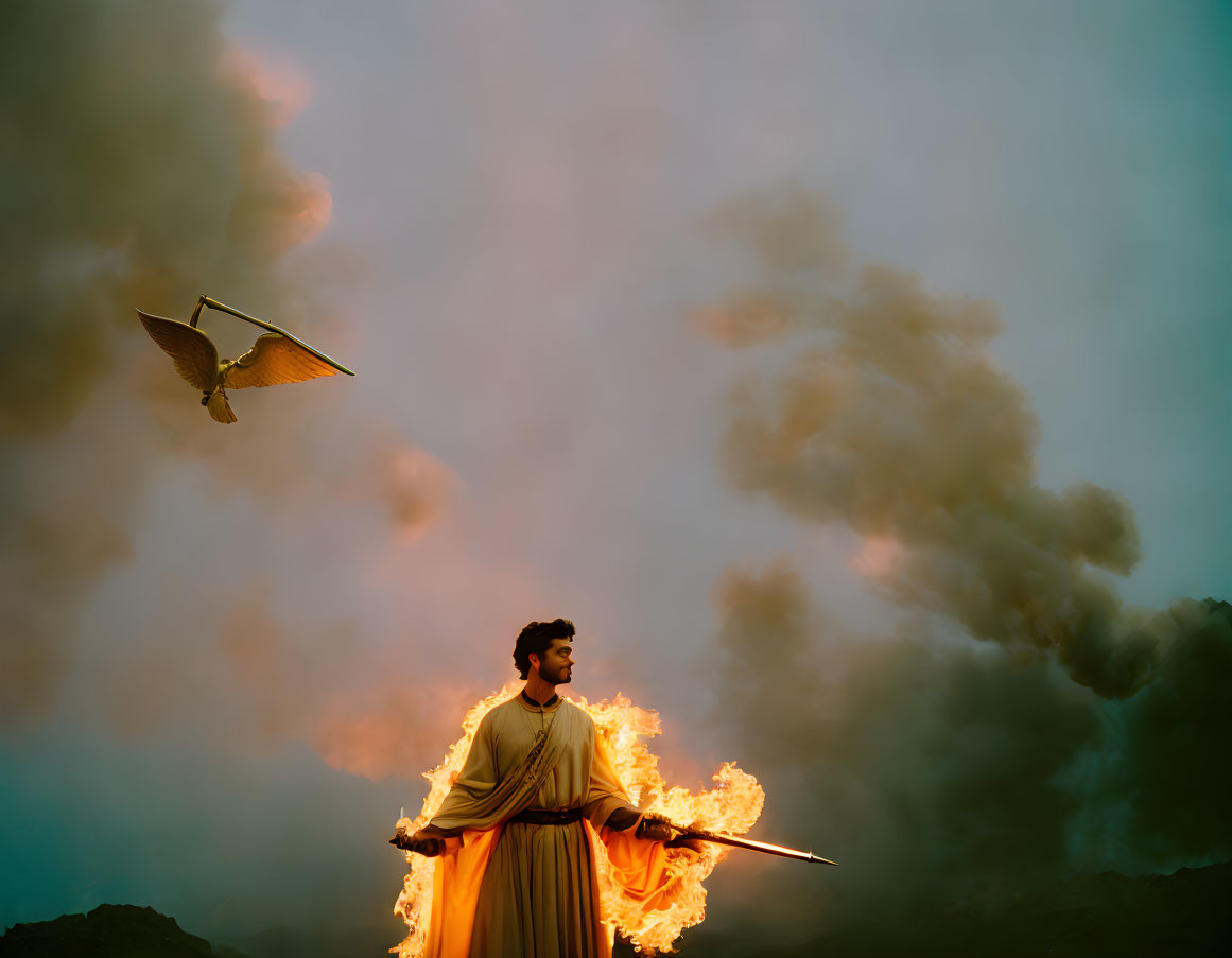 Golden-robed figure with flaming spear under dramatic sky and flying bird