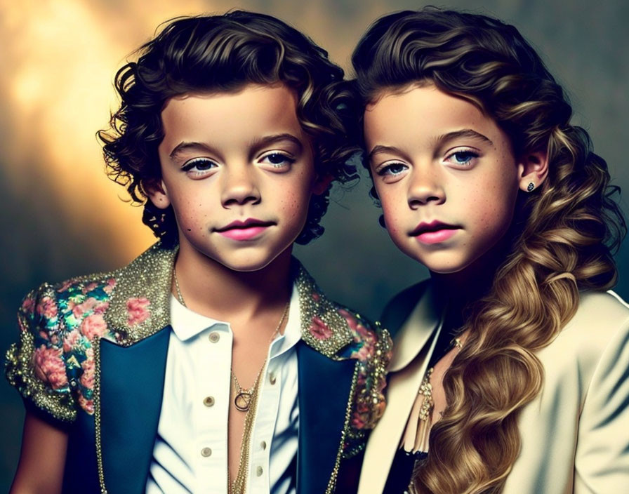 Stylish children in fancy attire with curly hair in portrait setting