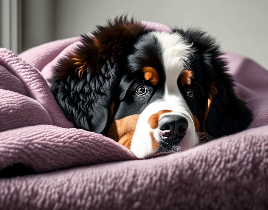 Bernese Mountain Dog resting on purple blanket with expressive eyes