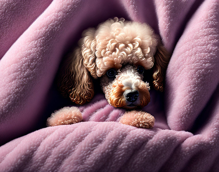 Brown and white poodle in cozy purple blanket with expressive eyes