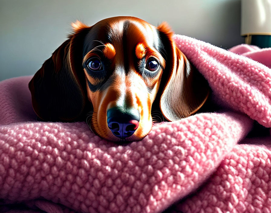 Brown and Black Dachshund Resting on Pink Blanket