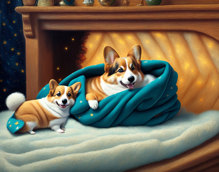 Corgi dogs by fireplace with star-patterned blanket