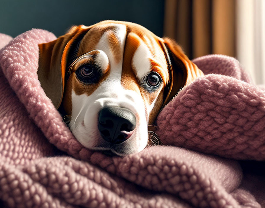 Soulful-eyed beagle on pink blanket radiates warmth