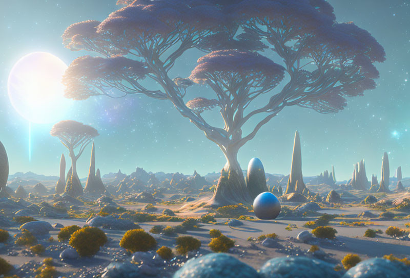 Fantastical surreal landscape with glowing orbs and towering spires