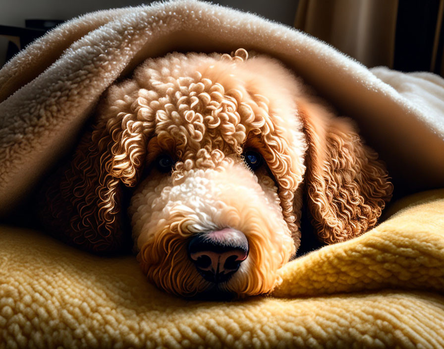 Curly-haired brown dog under beige blanket with warm light