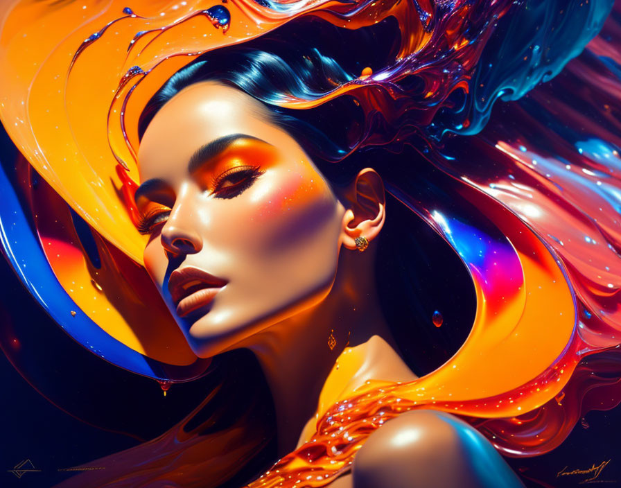 Colorful digital portrait of a woman with flowing liquid-like hair in blue, orange, and yellow.