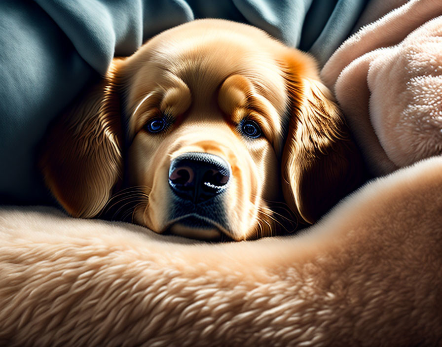 Golden Retriever Close-Up with Soulful Eyes in Blankets