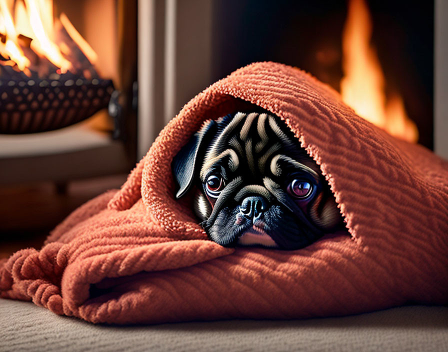 Pug in Orange Blanket by Fireplace