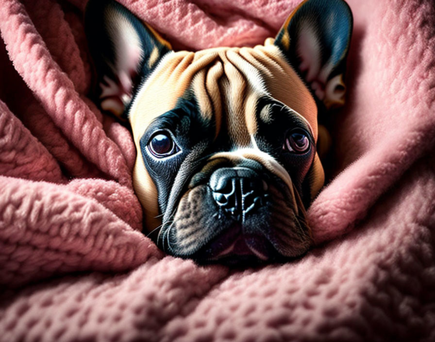 Adorable French Bulldog in pink blankets with big expressive eyes