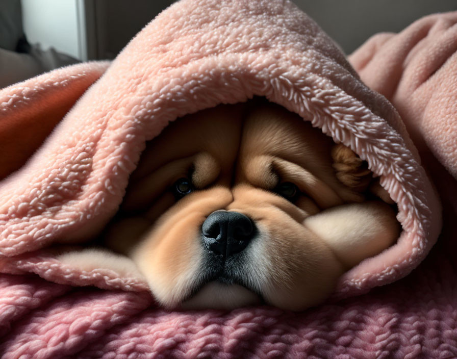 Fluffy-eared dog in pink blanket with sleepy gaze