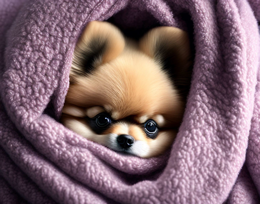 Fluffy Pomeranian Dog in Purple Blanket