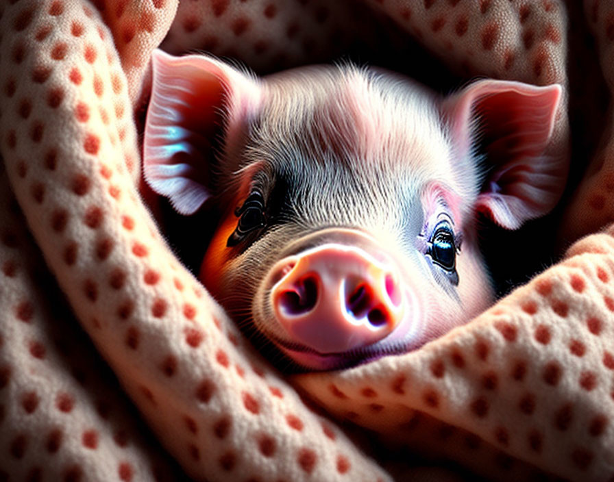 Adorable piglet nestled in pink polka dot blanket