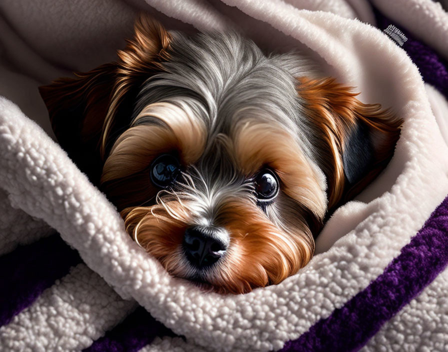 Yorkshire Terrier peeking from cozy purple blanket with glossy eyes