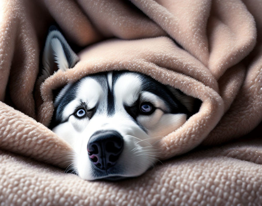 Siberian Husky with blue eyes on beige blanket radiates warmth