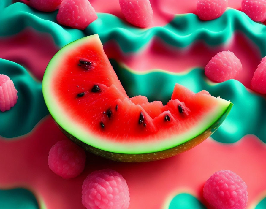 Fresh watermelon and raspberries on pink and turquoise abstract background