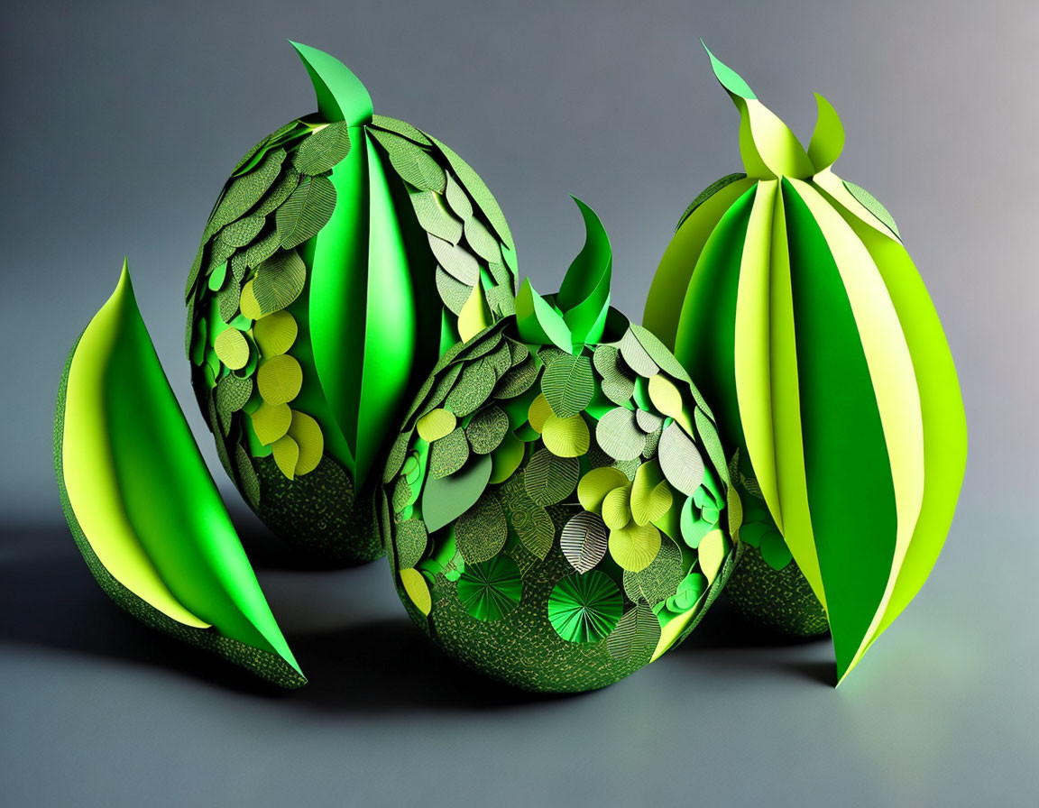 Green egg-shaped objects with leaf cutouts on gray background