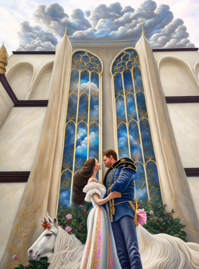 Romantic prince and princess kiss with unicorn in grand window scene