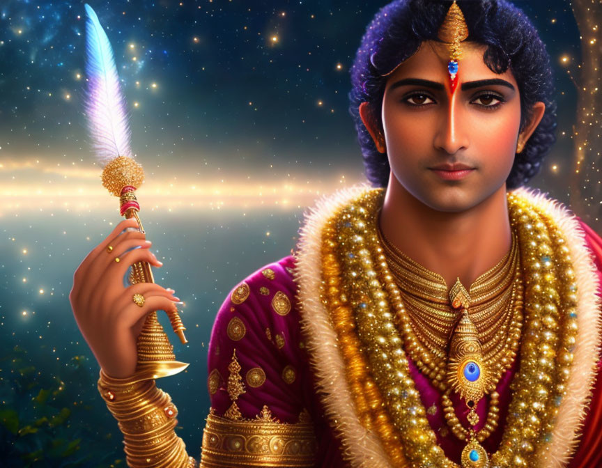 Regal figure in purple and gold with radiant sword on starry backdrop