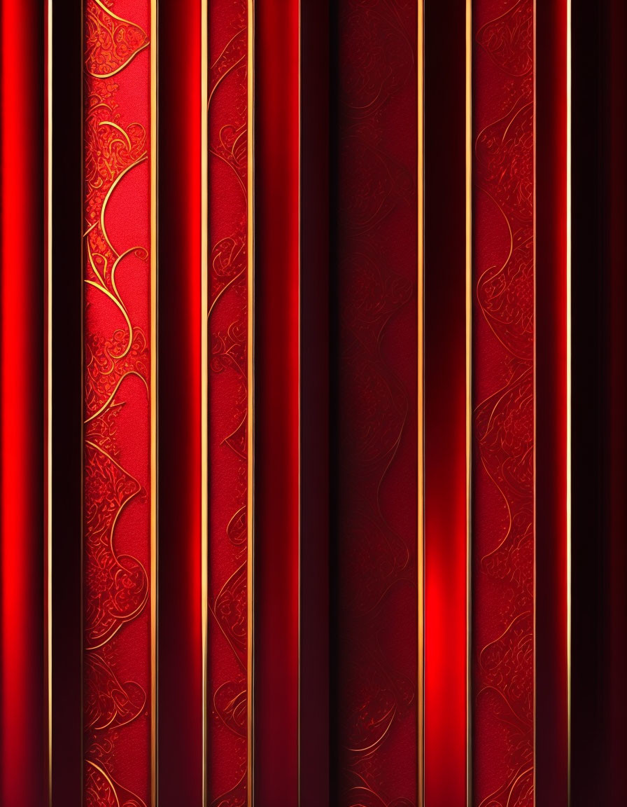 Luxurious red theater curtain with gold patterns and elegant folds.