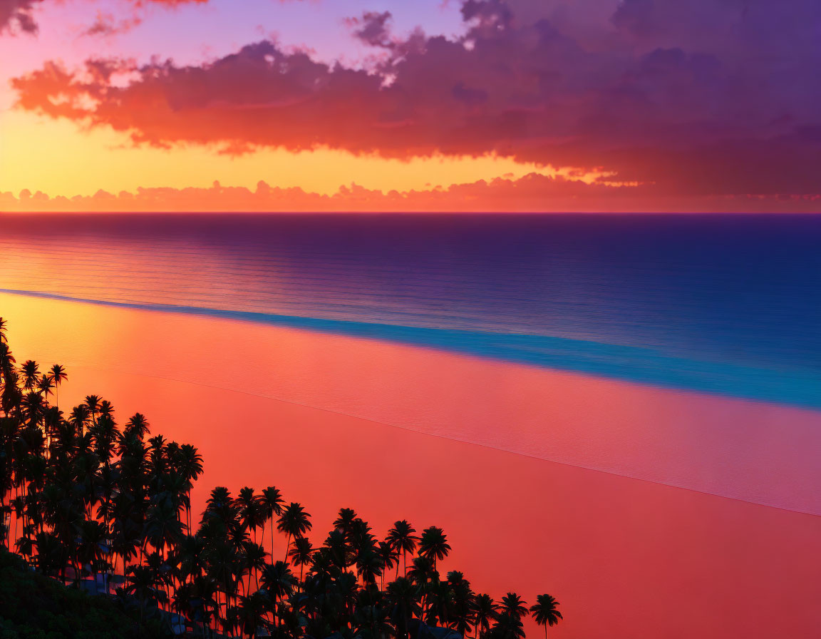 Tranquil sunset over sea with palm tree silhouette