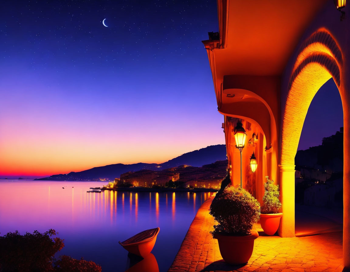 Tranquil waterfront scene at twilight with crescent moon and warmly lit arched walkway.