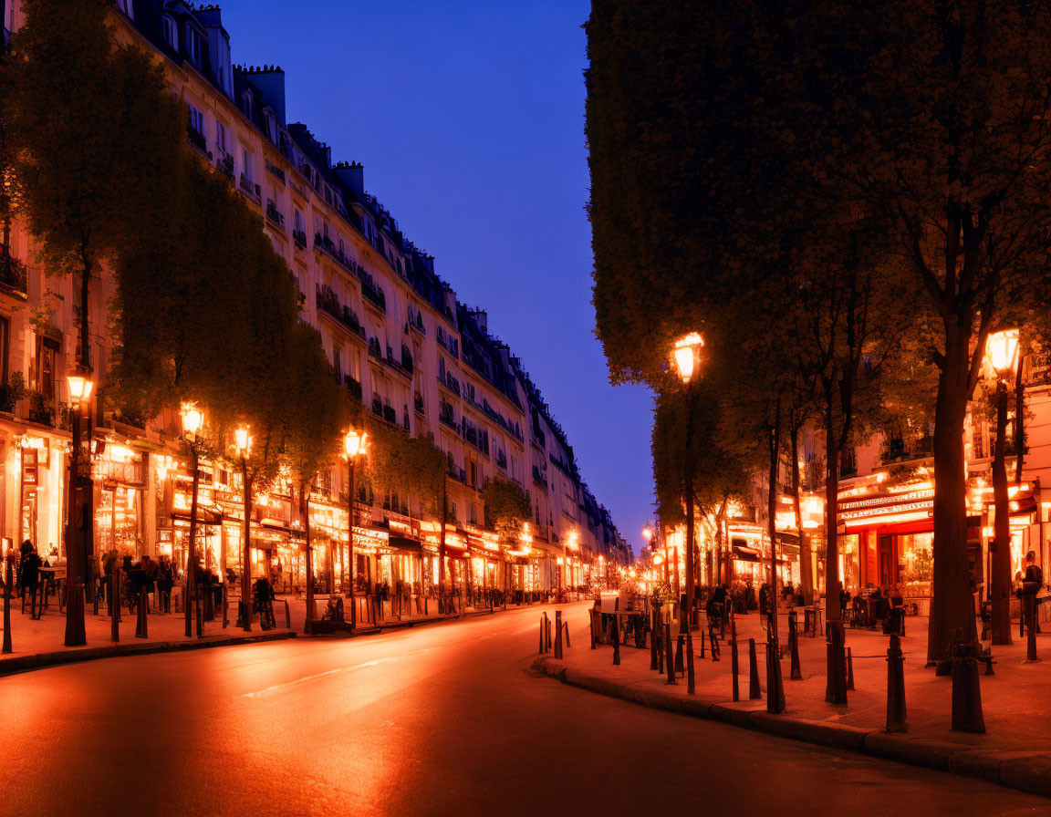 Parisian street at twilight with illuminated buildings, streetlamps, and tree shadows