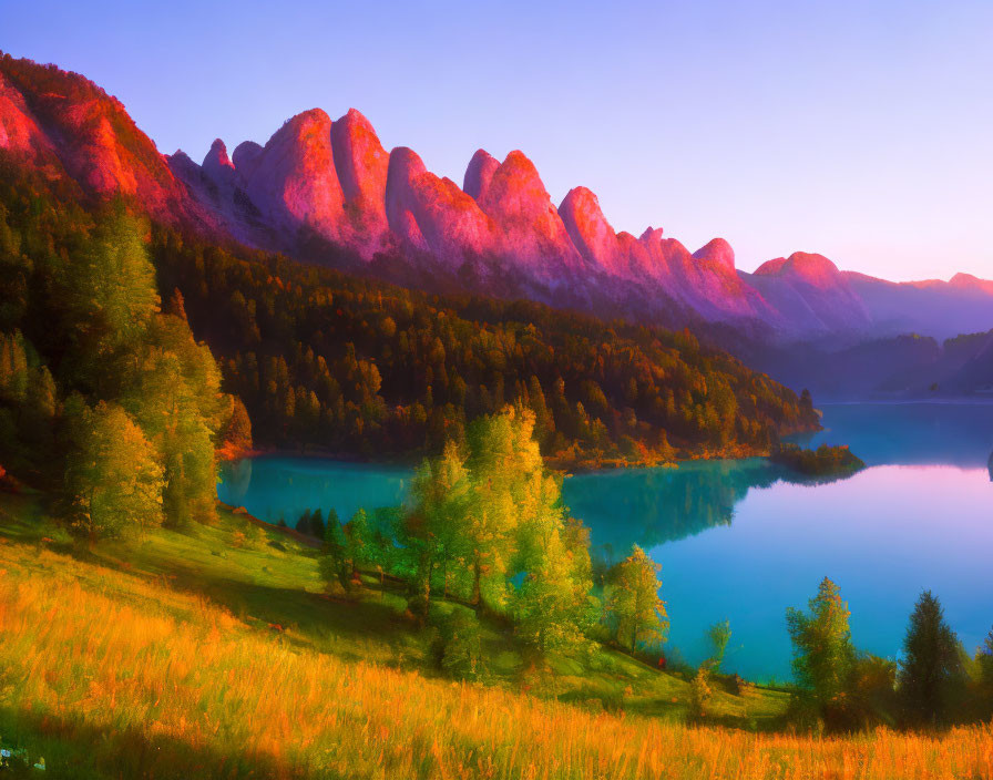 Tranquil Lake Surrounded by Autumn Trees and Sunlit Mountains