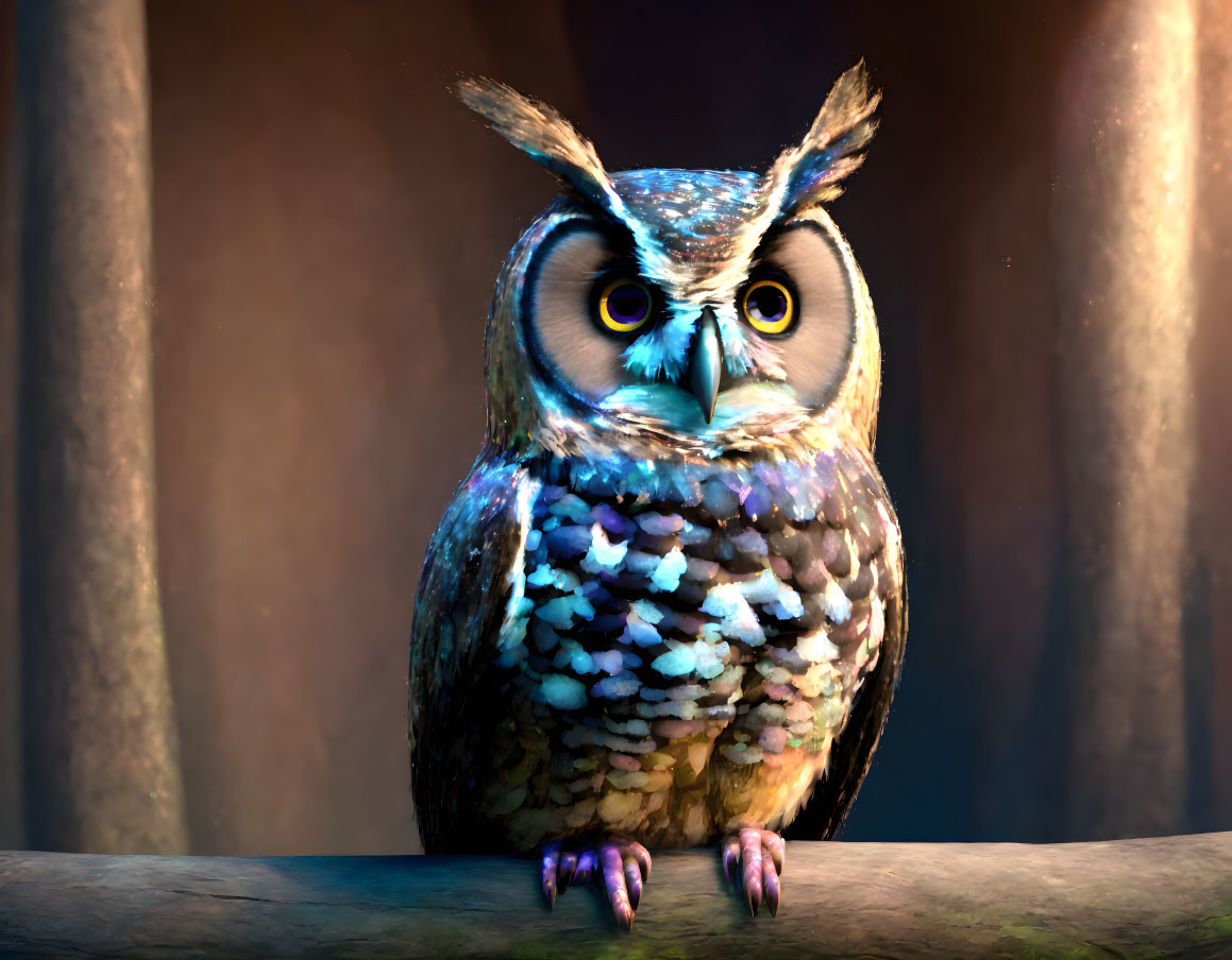 Detailed Cartoon Owl with Yellow Eyes Perched on Branch