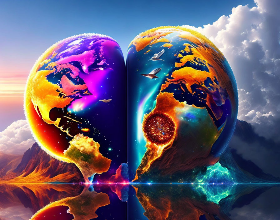 Colorful artistic globe split in two halves over cosmic landscape with bird and clouds.