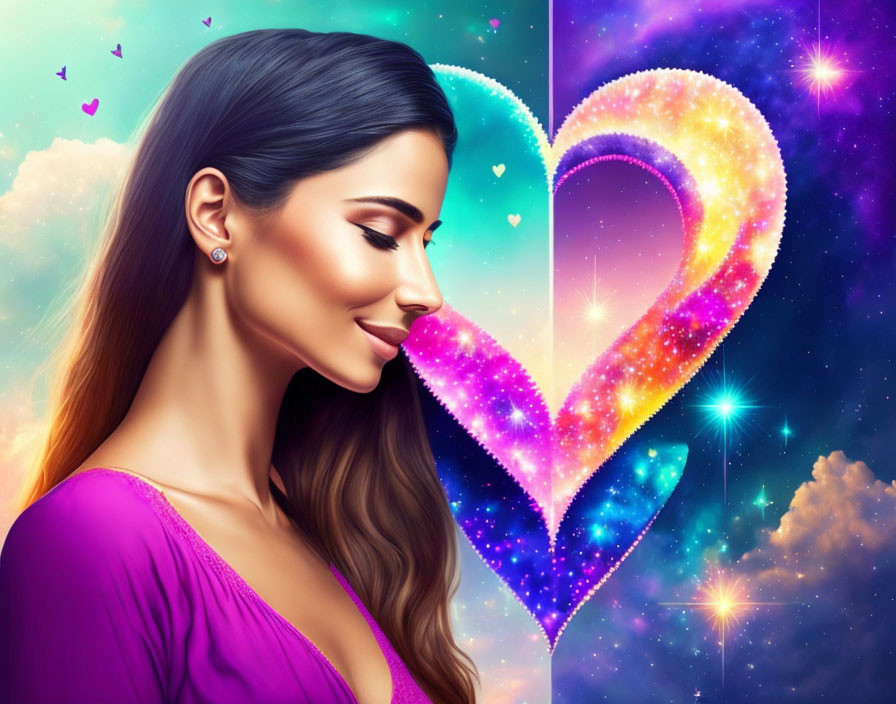 Smiling woman with long hair in profile view against vibrant cosmic background