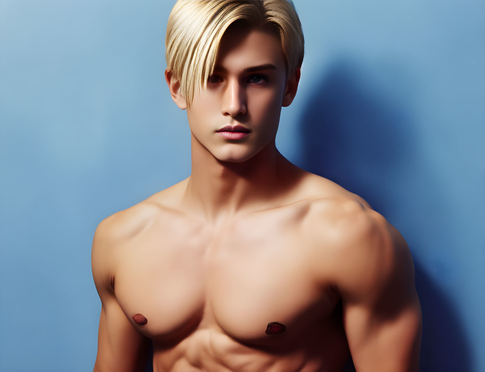 Stylized image: Shirtless male with blonde hair and defined muscles on blue background