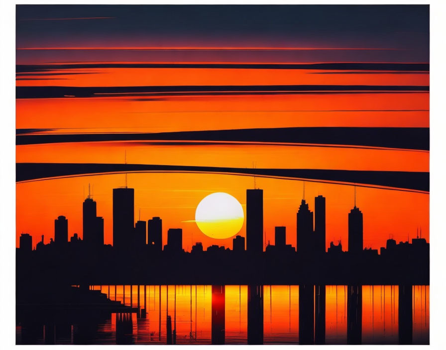 City skyline silhouette with vibrant sunset and sun reflecting on water