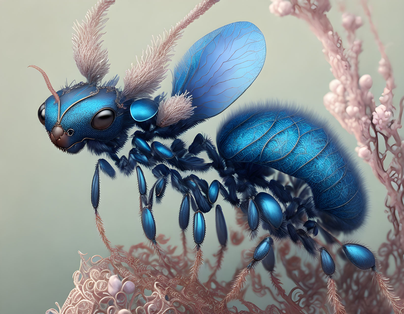 Detailed fantastical blue bee with furry textures and iridescent wings in realistic anatomy against soft flora