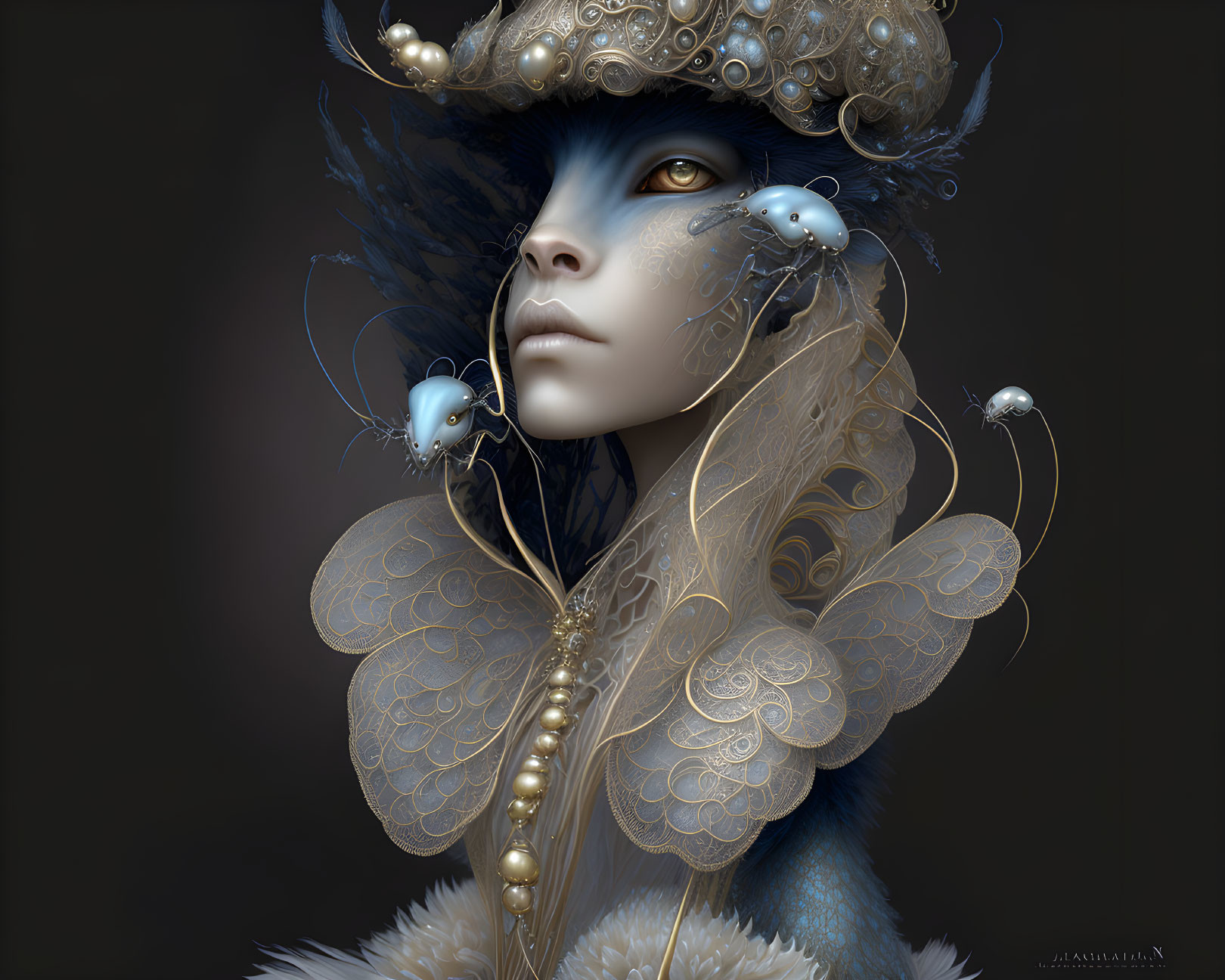 Fantastical digital artwork: Blue-skinned female with elaborate headdress