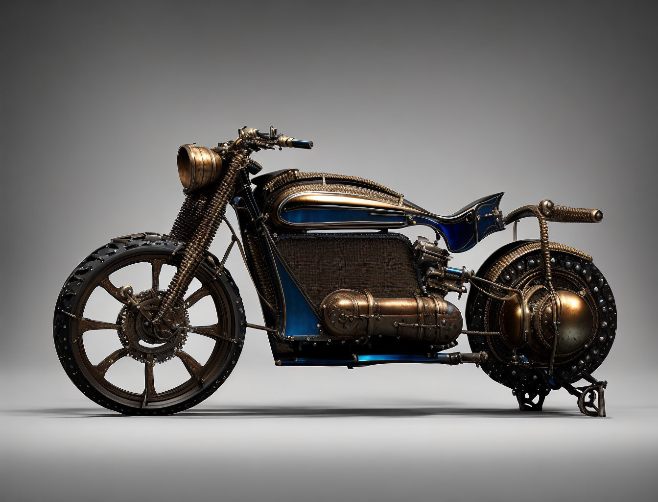 Vintage-Style Motorcycle with Blue and Bronze Color Scheme, Spoked Wheels, and Chain Drive