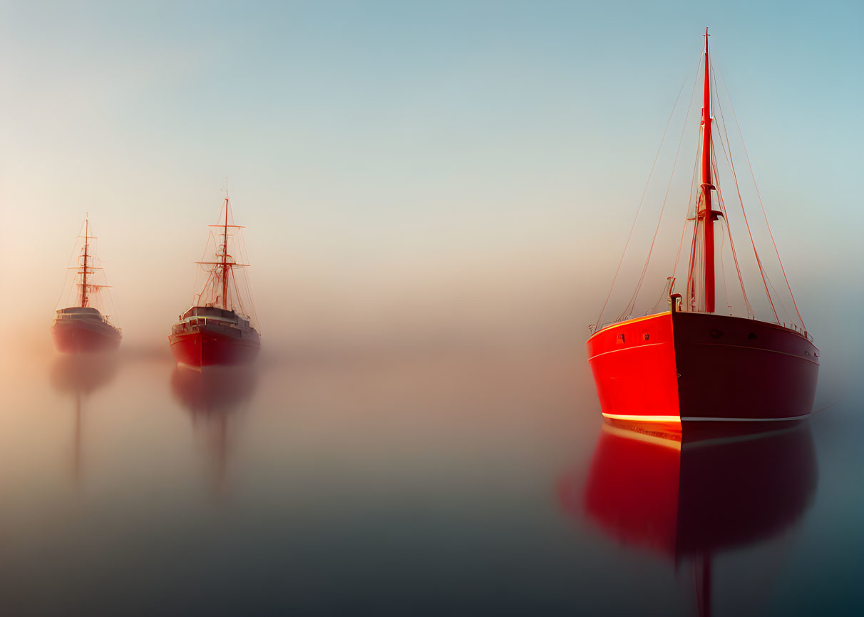 Ships in fog with red hull reflected in calm waters