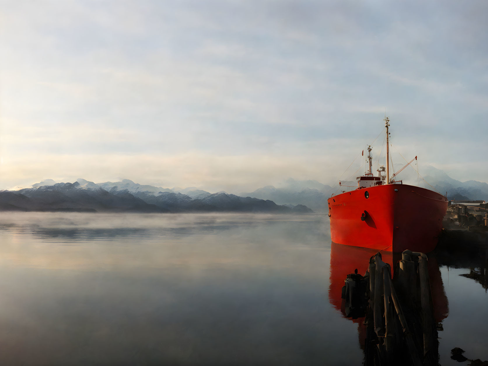 Red ship in misty harbor with mountains under morning sky