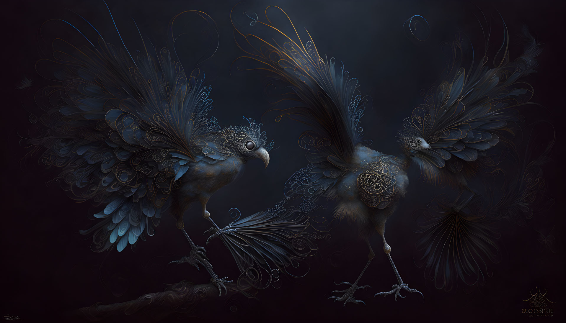 Stylized fantastical birds with intricate patterns on a dark background