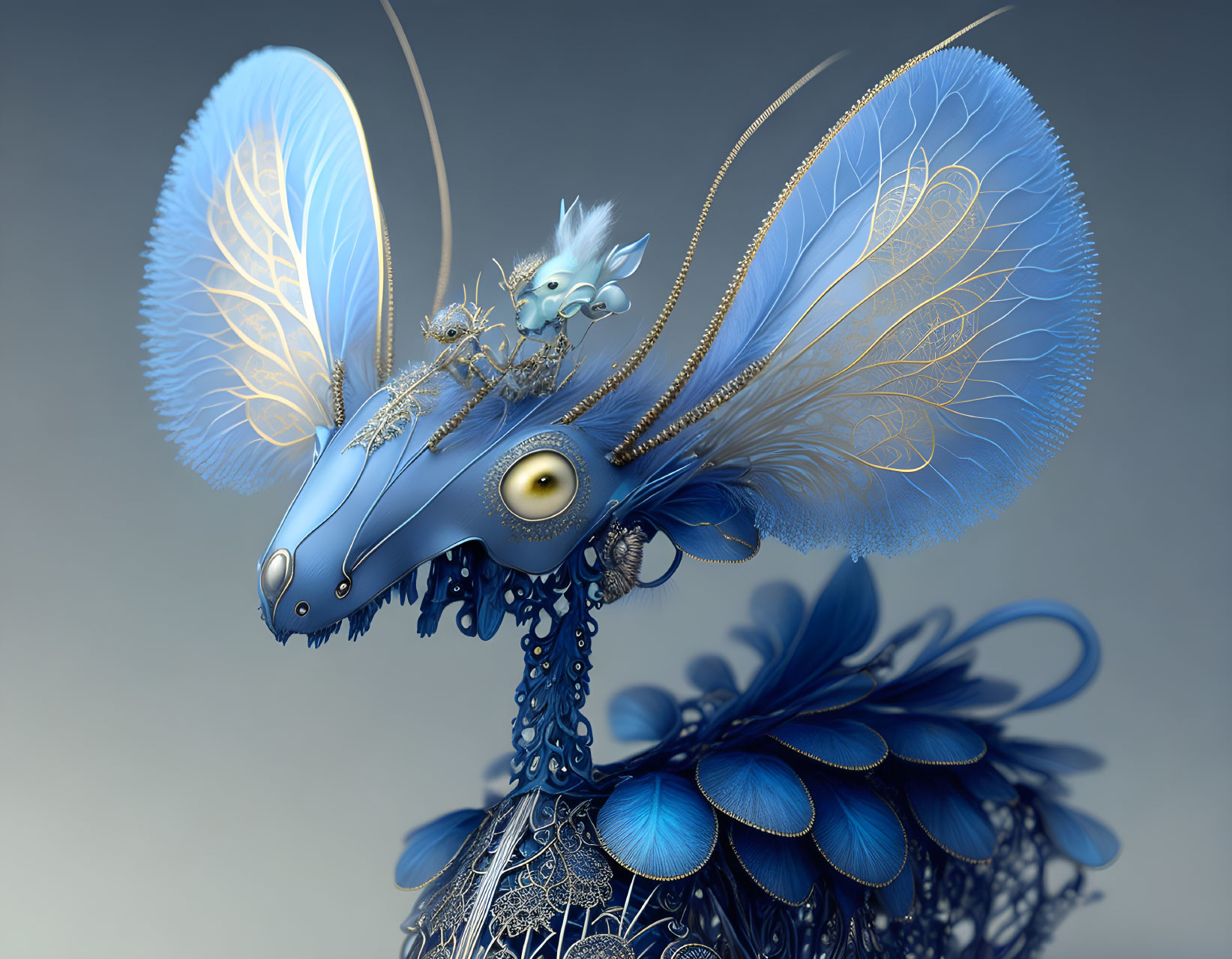 Blue plumage, lacy structures, large eye, and bird-like creature on head