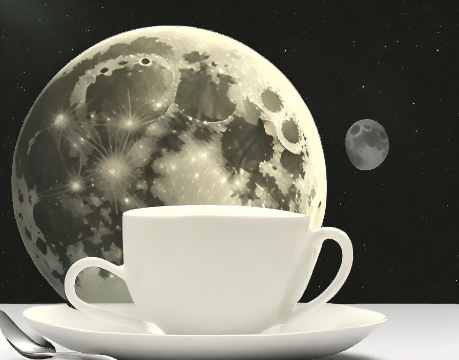 Surreal moonlit scene with white cup and saucer