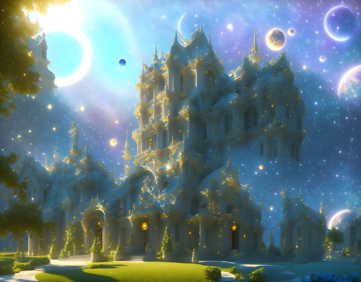 Elaborate fantasy castle in golden light with celestial backdrop