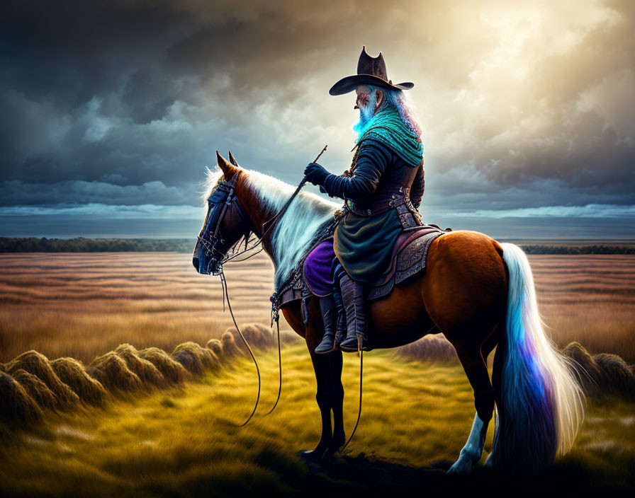 Medieval attired person on horse with colorful mane in dramatic landscape.