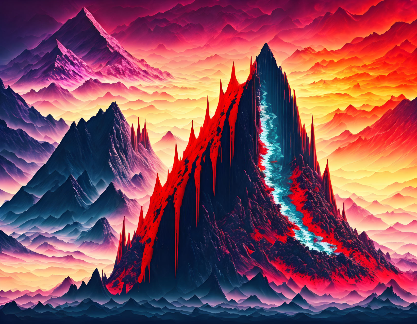 Fantasy landscape digital artwork with fiery skies and jagged mountains