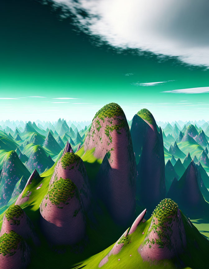 Vibrant green hills with pinkish peaks under a bright sky