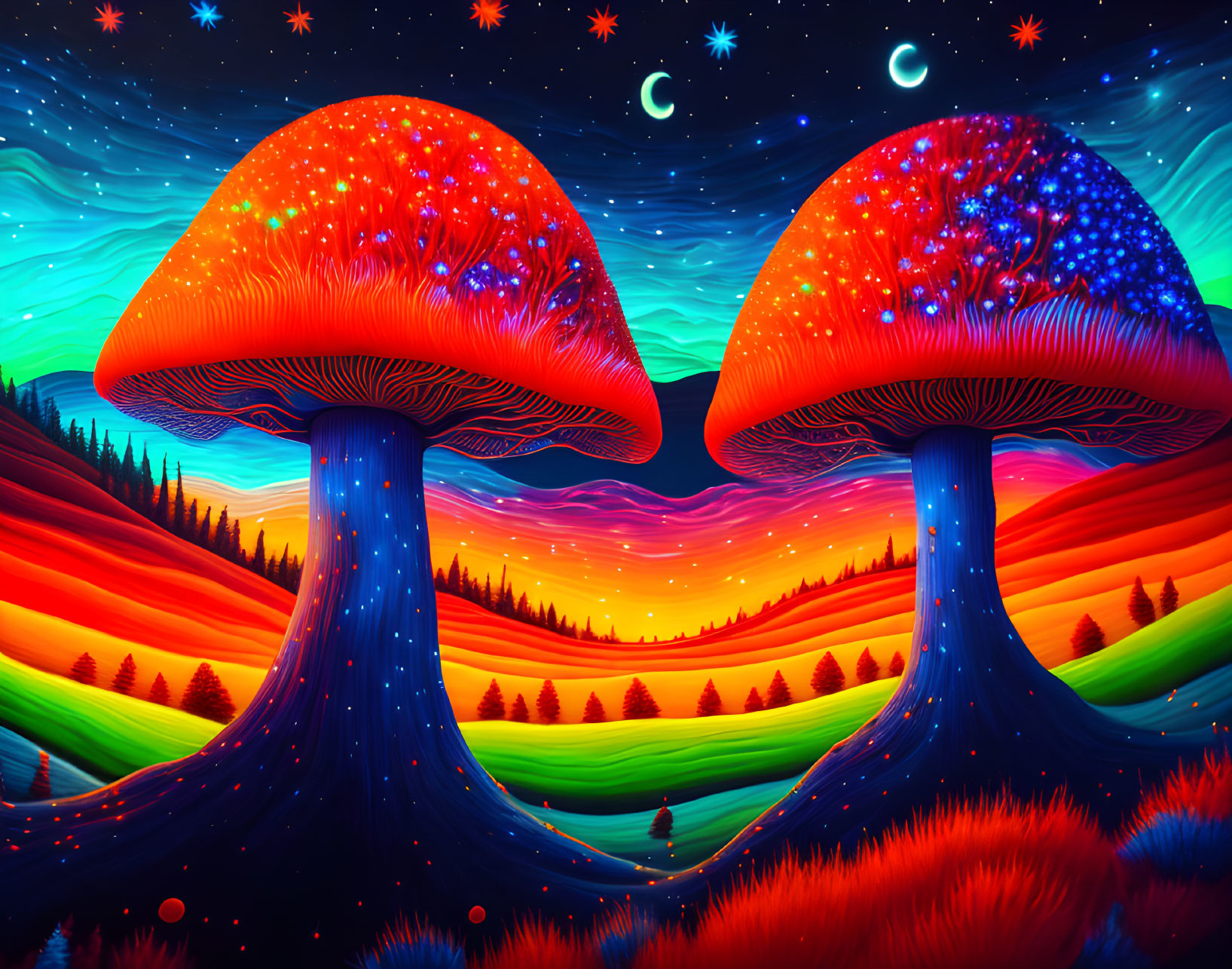 Colorful Psychedelic Landscape with Oversized Mushrooms