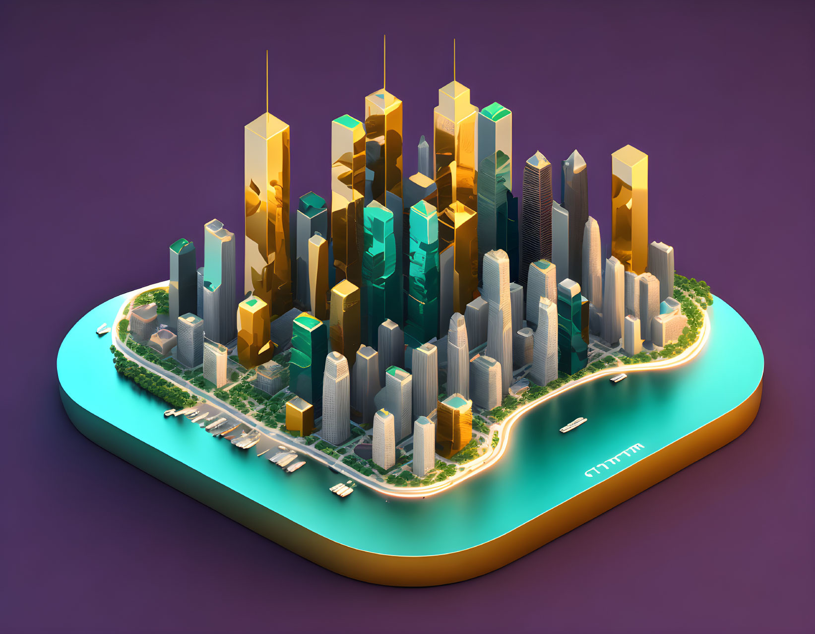 Vibrant futuristic cityscape illustration on island with glowing skyscrapers