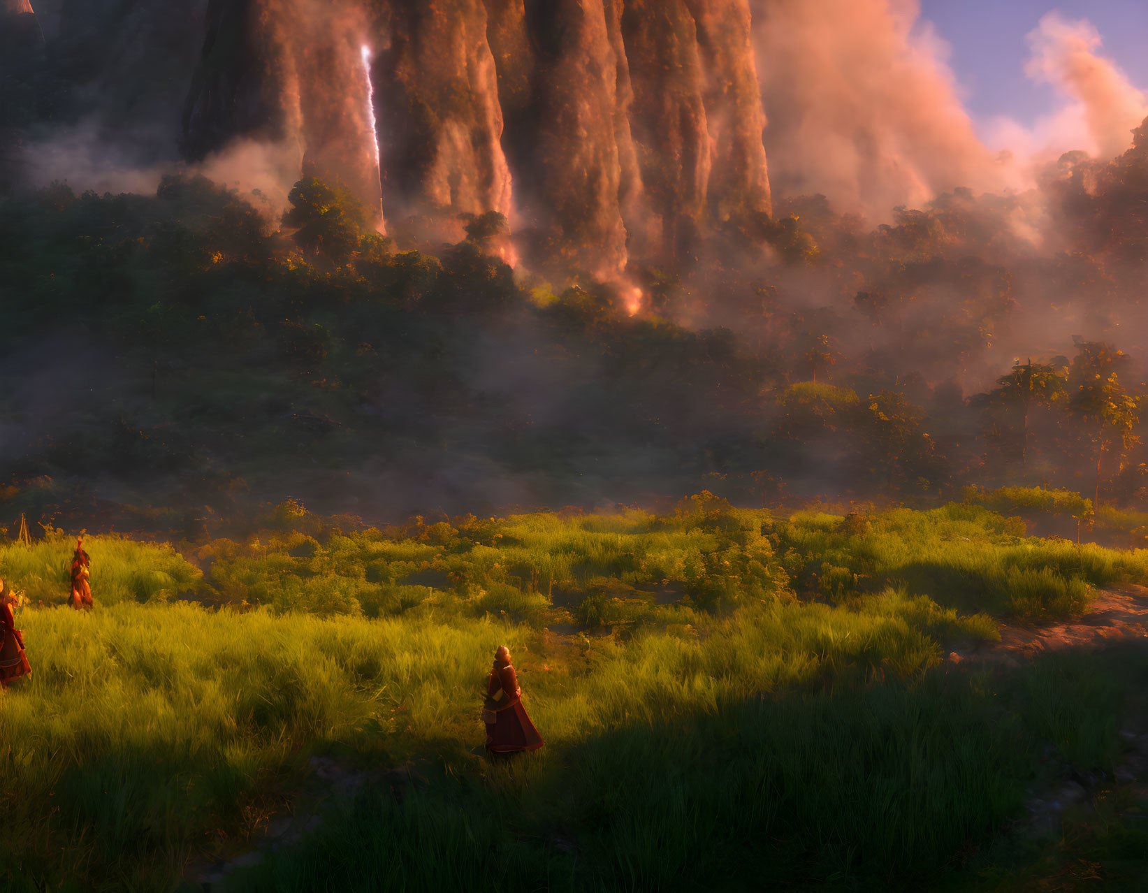 Scenic sunrise waterfall with mist and figures in red cloaks