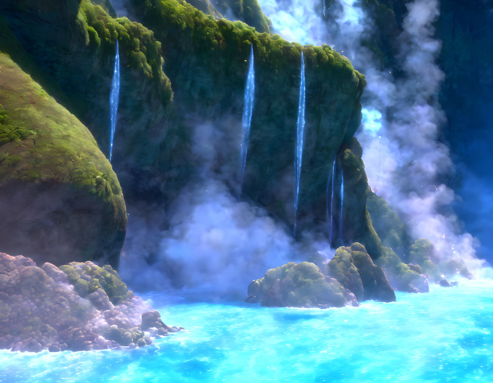 Multiple slender waterfalls cascading into a luminous blue pool amid mist